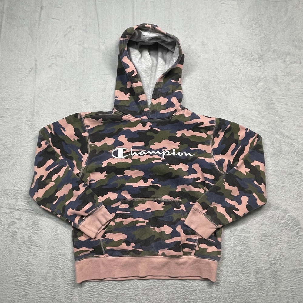 Champion Hoodie Kids Large Pink Blue Camo Pullover Script Logo Sweatshirt